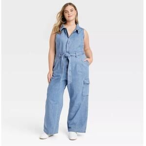 Universal Thread Denim Cargo Zip Up Wide Leg Jumpsuit US Women's 10